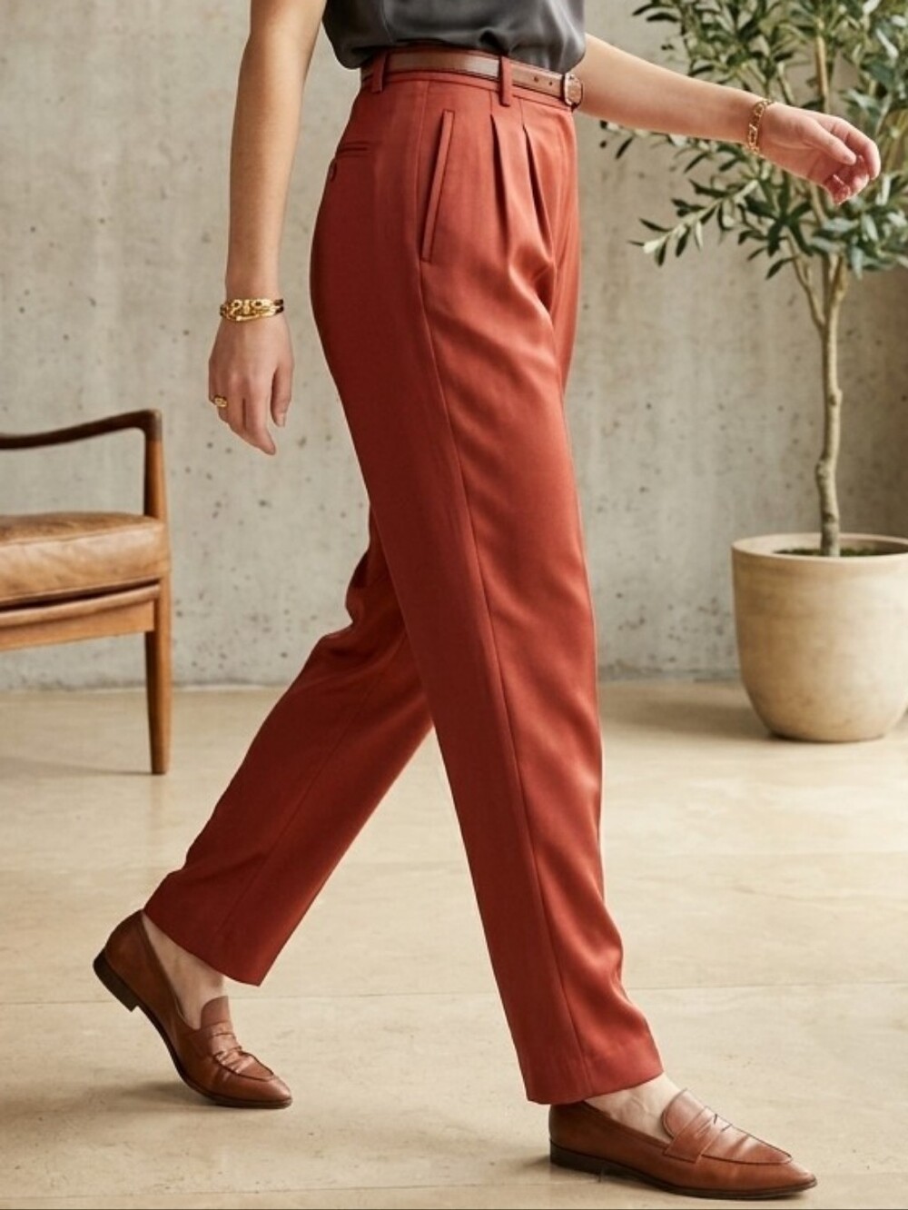 J. Peterman 100% Silk Glamour Pants High Waisted Terracotta Trousers Sz 6 NWOT - Picture 8 of 16